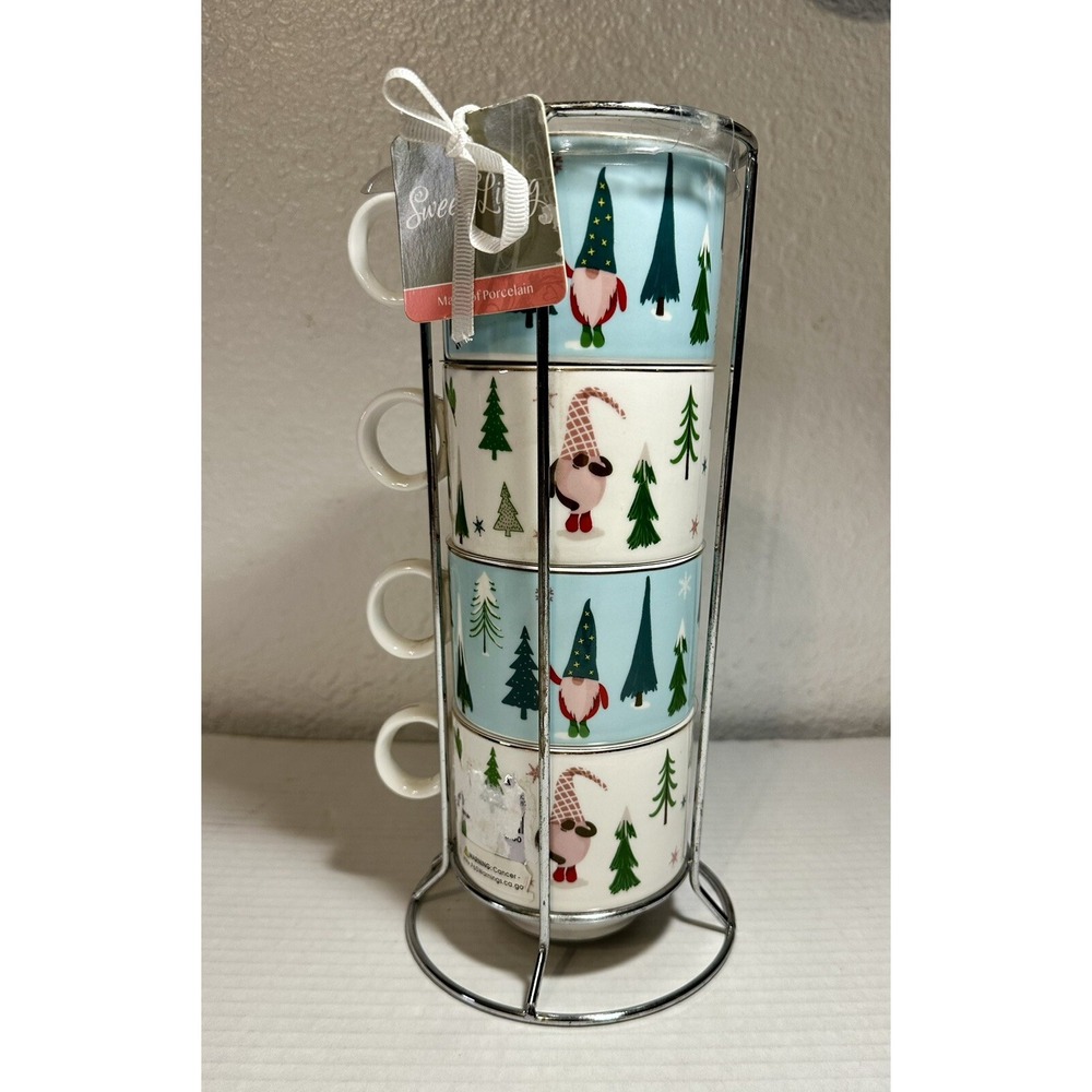 Sweet Living Collection Stacking Set of 4 Mugs Christmas Gnomes Coffee Cups New